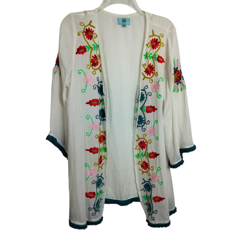4464)South Main Floral Embroidery 3/4 Sleeve Boho Open Front Kimono Cardigan S/M